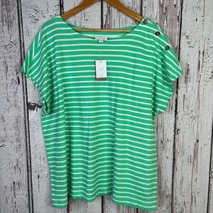 NEW! J. Jill Boxy Knit Striped Top Green‎ White Short Sleeve Cotton Pullover XL